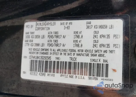 2003 Dodge Ram 1500 Slt/Laramie/St из США, поврежденный, VIN 1D7HA18N13S292505